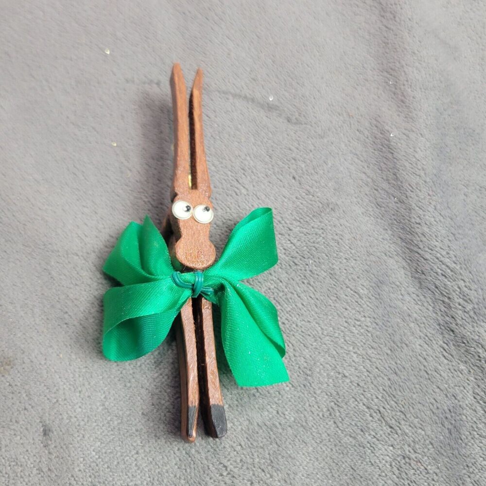Handcrafted Wooden Clothespin Reindeer Ornament With Googly Eyes & Green Bow‎